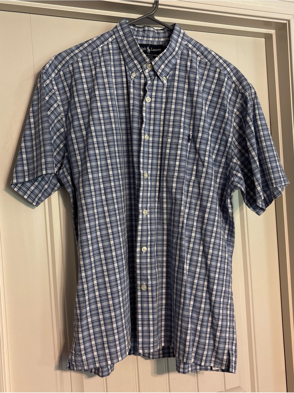 Ralph Lauren Blue and White Plaid Short-Sleeve Button-Down Shirt